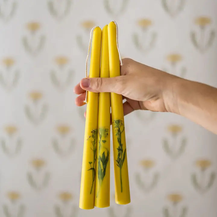 Yellow Floral Inlaid Candles - set of 3