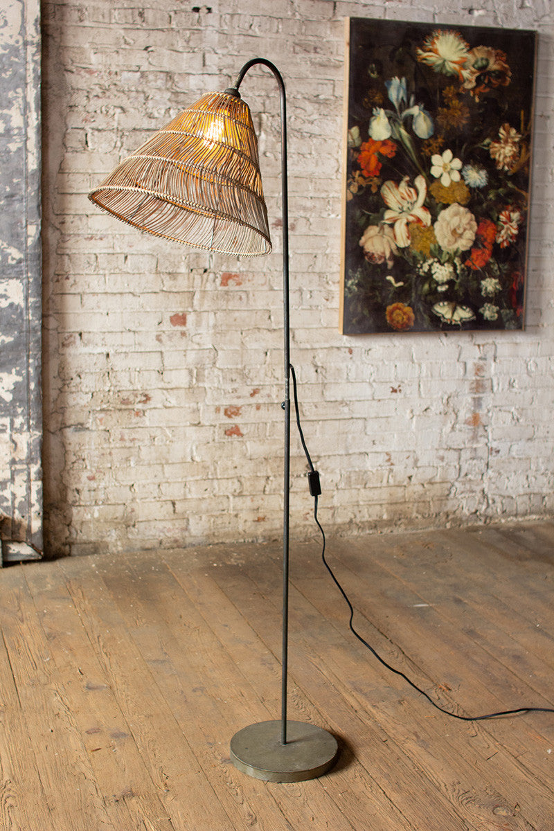 Brass + Rattan Round Base Floor Lamp