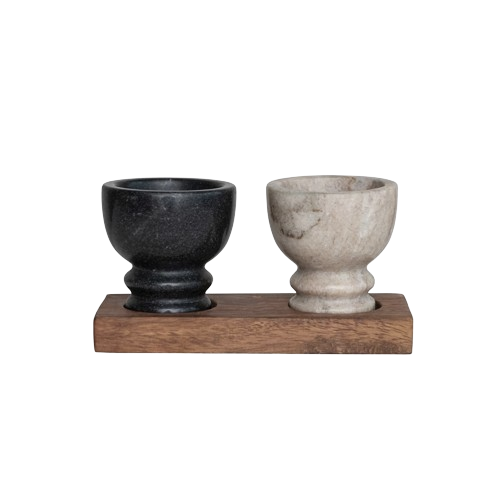 Magno Wood Tray w/ Black and White Marble Bowls