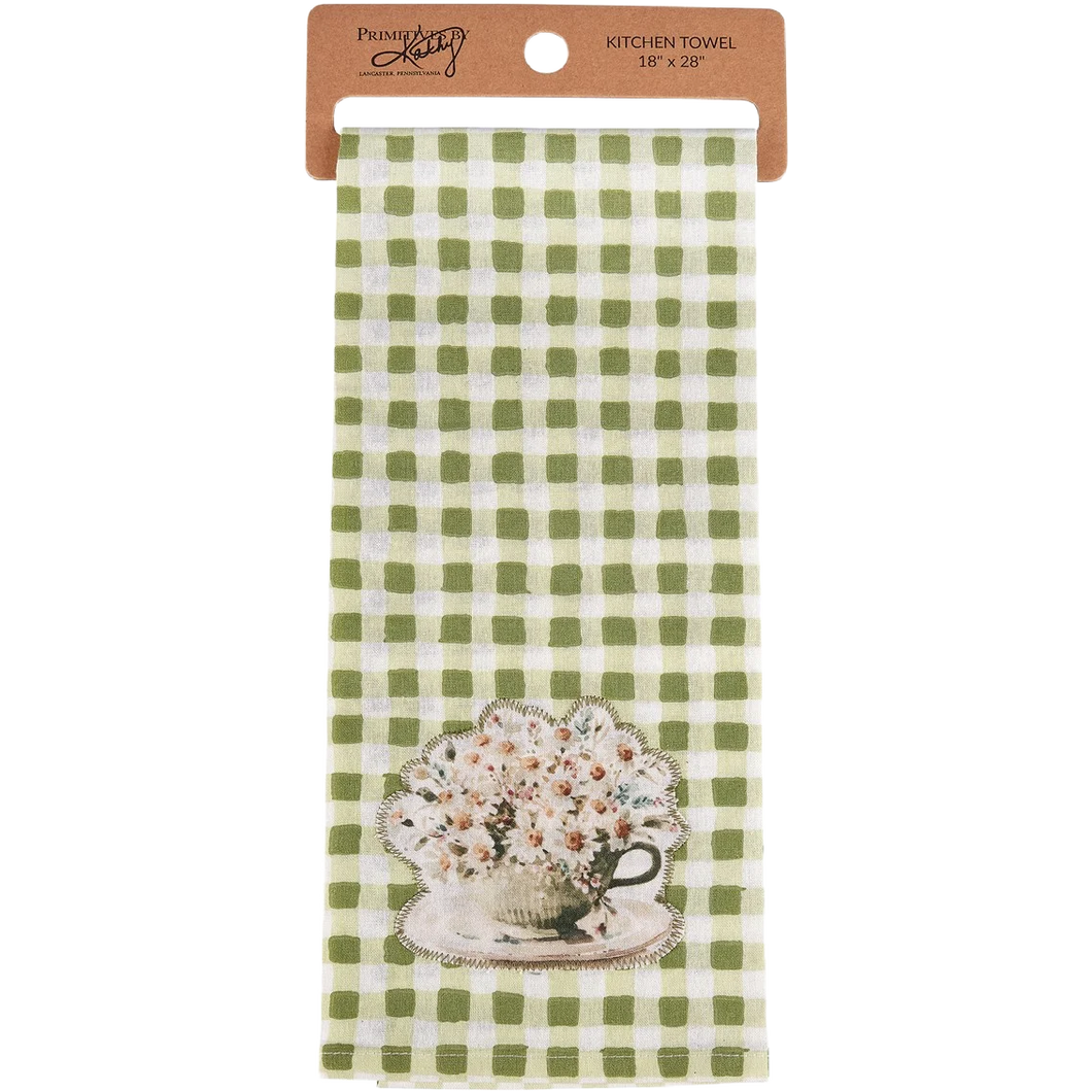 Green Gingham Teacup Tea Towel