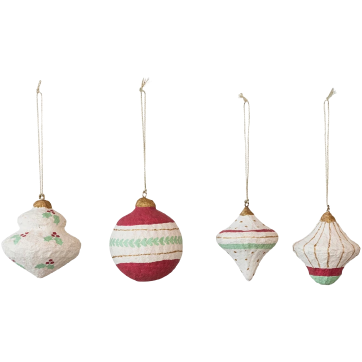 Red + Green Paper Mache Ornament, 4 styles