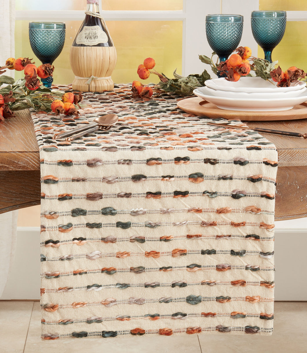 Green and Orange Stripe Nubbed Table Runner - 16x72