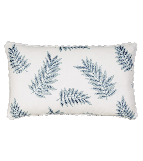 White Lumbar Pillow w/ Blue Leaf - 13x22